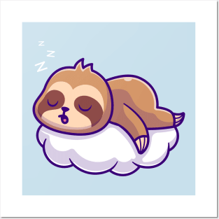 Cute Sloth Sleeping On Cloud Cartoon Posters and Art